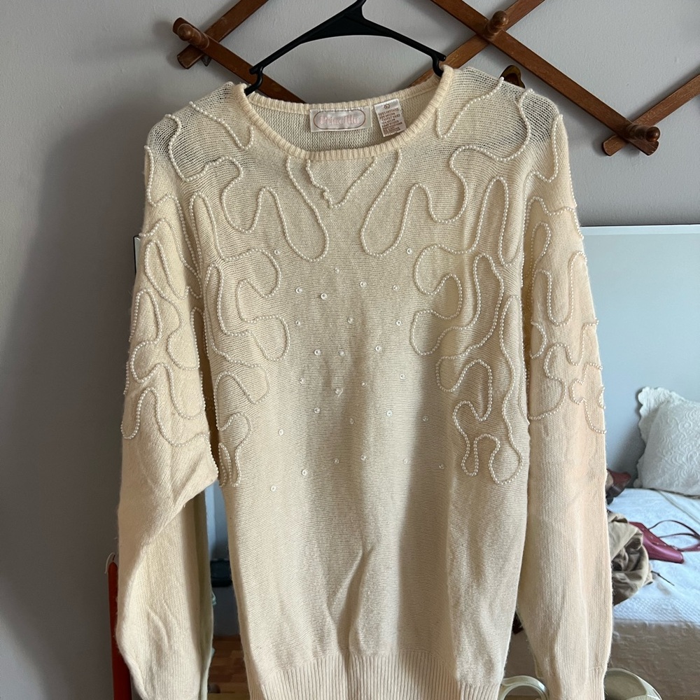 Elegant Cream Angora Sweater with Pearl Embellished Design